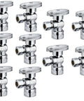Chrome 1/2 Inch FIP to 3/8 Inch Compression 1/4 Turn Angle Stop Water Shutoff Ball Valve Pack of 10 Lead Free displayed in rows