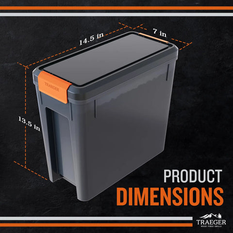 Level Up Your Smoke Game With This Heavy Duty Pellet Storage Bin featuring dimensions of 14.5 in x 7 in x 13.5 in.