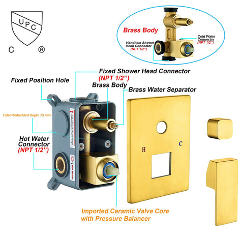 Brushed Gold Shower System With 10 Inch Rain Head High Pressure Faucet Set brass mixer valve components diagram