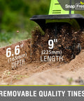 Close-up of 20V Cordless Tiller Cultivator With 4Ah Battery And Fast Charger Included showing 9 inch width and 6.6 inch depth