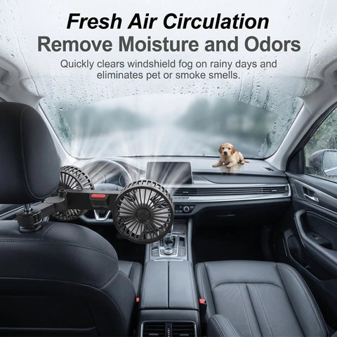 Dual Head Backseat Car Fan With 360 Swivel Rotation Plus Usb Powered Design brings adjustable airflow to the car interior.