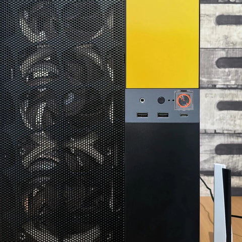PC tower with clear power button guard, black mesh front, yellow panel; Clear Power Button Guard For PCs And Home Appliances No Brainer Dustproof Switch Protector That Stops Accidental Presses 43x41mm Mount Fits Computer Dishwasher Washer Elevator