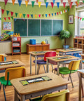 Colorful classroom with desks featuring Classroom Desk Nameplates 40 Pack Waterproof Kid Friendly Student Labels