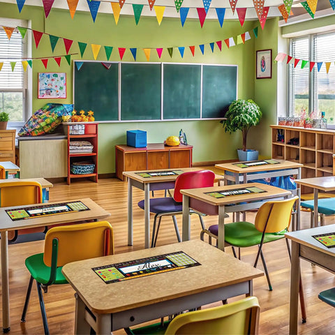 Colorful classroom with desks featuring Classroom Desk Nameplates 40 Pack Waterproof Kid Friendly Student Labels