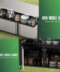 Rolling Outdoor Kitchen Island With Stainless Steel Table Top, BBQ Grill Cart, open middle shelf and storage cabinet view.