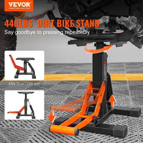 Heavy Duty Dirt Bike Lift Stand With 440 Lb Capacity And Hydraulic Lift, showing adjustable height hoist and sturdy base.