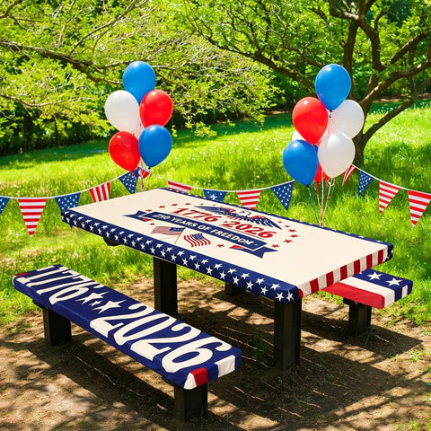 250th Anniversary Patriotic Fourth Of July Picnic Table Cover With Bench Covers 72 By 30 Inch Fitted Rectangle Tablecloth Waterproof Windproof Outdoor Polyester Table Cover Set With Portable Storage Bag