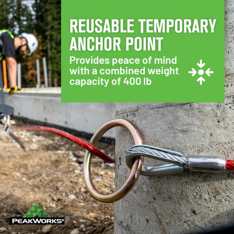 Go To Reusable Cable Anchor Sling With O Rings Ends For Fall Arrest, 6 ft long, secured to concrete column on site.