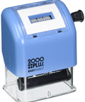 Slick Self Inking Date Stamp With Easy Side Adjust Knob and Top Side Date Display for Quick Office Logging in blue with black ink.
