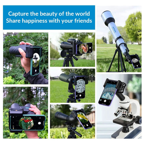 Collage of Universal Telescope Phone Adapter With Bluetooth Shutter Remote in use with phones on various optical devices outdoors