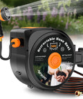 Retractable Garden Hose Reel With Wall Mount Heavy Duty 50 Ft, showing sprayer nozzle and 180-degree swivel for big yards.