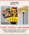 Statement Floor Lamp With Floral Hummingbird Stained Glass, 70 Inch Tall, Handcrafted Antique Finish, warm amber glow shade close-up