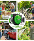 Collage showing Retractable Garden Hose Reel 100 ft Half Inch Wall Mounted Auto Rewind with people washing car, bike, dog, and garden.