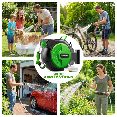 Collage showing Retractable Garden Hose Reel 100 ft Half Inch Wall Mounted Auto Rewind with people washing car, bike, dog, and garden.