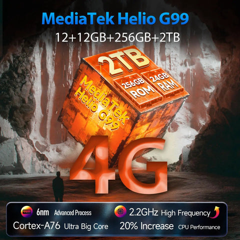 MediaTek Helio G99 processor graphic showcasing specs like 12GB RAM, 256GB ROM, and 4G performance for smartphones.