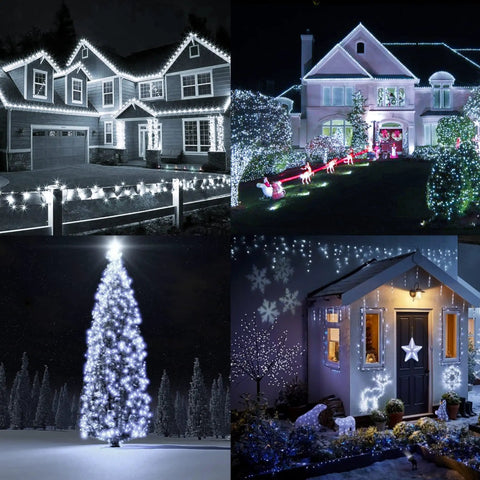 Two Pack Solar String Lights Outdoor 80 Ft Total With 240 LED White Fairy Lights IP44 Waterproof 8 Modes on decorated houses and trees.