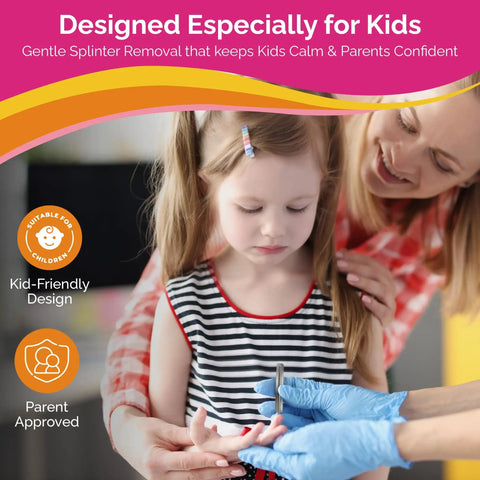 Child receiving splinter removal with Kid Friendly Splinter Removal Kit 30 Pack Gentle Single Use Splinter Removers For Children Sterile Individually Wrapped Easy To Use Compact First Aid Kit For Home School And Travel.