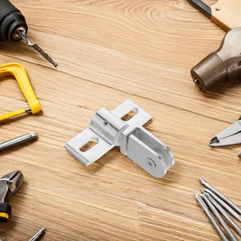 Built Tough Pivot Hinges For Frameless Glass Shower Doors with upper and lower clamp alloy construction on wooden table with tools