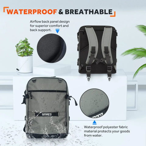 Scuba Diving Backpack With Detachable Small Bag For Travel Holds Mini Scuba Tanks, back view showing airflow panel