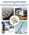 Rock Solid 50 Amp MRBF Terminal Fuse With IP66 Waterproof Marine Build And 58V DC Circuit Shield For Trucks RVs Job Sites Boats EV Chargers Built Like Iron M8 Stud Fuse in various applications.