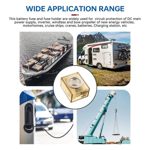 Rock Solid 50 Amp MRBF Terminal Fuse With IP66 Waterproof Marine Build And 58V DC Circuit Shield For Trucks RVs Job Sites Boats EV Chargers Built Like Iron M8 Stud Fuse in various applications.