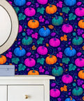 Pumpkin Botanical Instant Peel And Stick Wallpaper Removable Self Adhesive Wallcovering Quick Refresh Temporary Accent Decor For Living Room with colorful pumpkin design.
