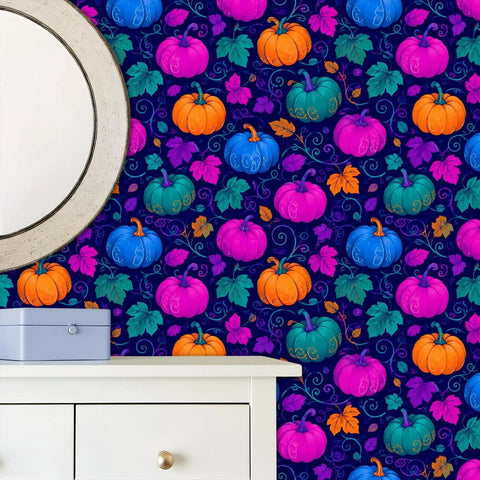 Pumpkin Botanical Instant Peel And Stick Wallpaper Removable Self Adhesive Wallcovering Quick Refresh Temporary Accent Decor For Living Room with colorful pumpkin design.