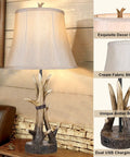 Set Of 2 Rustic Table Lamps For Living Room Farmhouse Antler Resin Nightstand Lamps With USB Charging Ports Three Way Dimmable Cozy Shaded Bedside Lighting LED Bulbs Included, featuring cream fabric shade and dual USB ports
