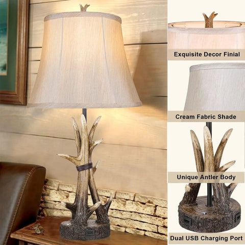 Set Of 2 Rustic Table Lamps For Living Room Farmhouse Antler Resin Nightstand Lamps With USB Charging Ports Three Way Dimmable Cozy Shaded Bedside Lighting LED Bulbs Included, featuring cream fabric shade and dual USB ports