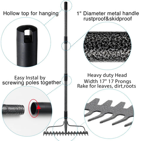 Heavy Duty Metal Garden Rake With 17 Prongs, 17 Inch Wide And 50 Inch Long Handle, Rustproof And Skidproof, diagram view