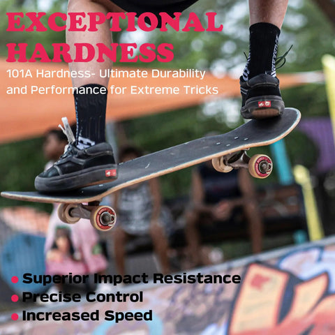 Skateboarder performing a trick in the air showing 52mm x 32mm 101A skateboard wheels set of 4 for street, park, and bowl tricks.