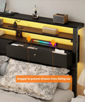 Kick Back With This Legit Sturdy Full Size Bed Frame Featuring A Modern Wooden Headboard And Dual Roomy Fabric Storage Drawers With Premium Quality Black Oak Build showing storage drawer detail.