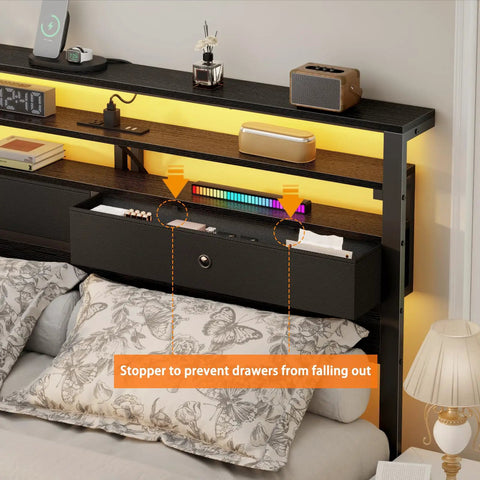 Kick Back With This Legit Sturdy Full Size Bed Frame Featuring A Modern Wooden Headboard And Dual Roomy Fabric Storage Drawers With Premium Quality Black Oak Build showing storage drawer detail.