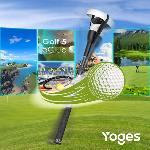 Adjustable Length VR Golf Club Handle For Quest 2 Accessories With Real Golf Grip in front of virtual golf simulator screens.