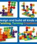 Gears 100-Piece Deluxe Building Set For STEM Fun with colorful gear structures and designs in a collage format.