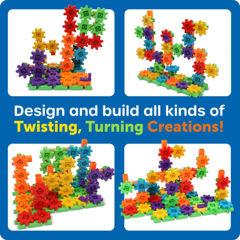 Gears 100-Piece Deluxe Building Set For STEM Fun with colorful gear structures and designs in a collage format.