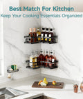 Adhesive Corner Shower Caddy 3-Pack With Soap Holder And Hooks in kitchen setting with bottles, space-saving, black shelves.