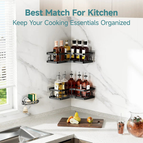 Adhesive Corner Shower Caddy 3-Pack With Soap Holder And Hooks in kitchen setting with bottles, space-saving, black shelves.