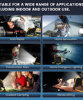 Ultra Bright 12000 Lumen LED Work Light with 128 LEDs in various settings like auto repair, home renovation, and construction sites.