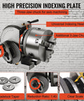 Heavy Duty Indexing Head For Milling Machine With Vertical Horizontal Rotary Table And Precision Tailstock Mount Built Like A Tank For 4 5 6 Inch Chucks Dead On Target Tilting For Serious Shop Projects close-up of universal indexing head with three-jaw chuck and clear scale markings.