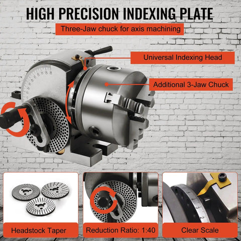 Heavy Duty Indexing Head For Milling Machine With Vertical Horizontal Rotary Table And Precision Tailstock Mount Built Like A Tank For 4 5 6 Inch Chucks Dead On Target Tilting For Serious Shop Projects close-up of universal indexing head with three-jaw chuck and clear scale markings.