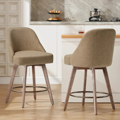 26 Inch Counter Height Swivel Bar Stools Set Of 2 With Backs Linen Upholstery Solid Wood Legs Mid Century Modern Kitchen Island Chairs