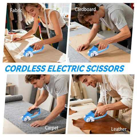 DISEN Cordless Electric Scissors With 3000Mah Lithium Battery cutting fabric, cardboard, carpet, and leather.