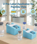 Two Pack Vial Label Applicators For 2ml 3ml And 5ml 10ml Vials Time Saving Handheld Sticker Alignment Tool For Lab And Home Organization Keeps Labels Straight And Centered Every Time No Vials Or Stickers Included with blue silicone holders and vials with labels on wooden surface.