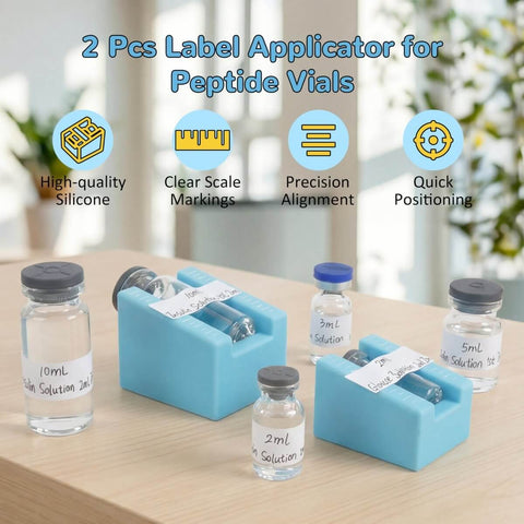 Two Pack Vial Label Applicators For 2ml 3ml And 5ml 10ml Vials Time Saving Handheld Sticker Alignment Tool For Lab And Home Organization Keeps Labels Straight And Centered Every Time No Vials Or Stickers Included with blue silicone holders and vials with labels on wooden surface.
