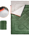 Two Person Queen Size Sleeping Bag for Camping, 40F Cold Weather, Double Bag That Splits Into Two Singles, Olive Green, Polyester
