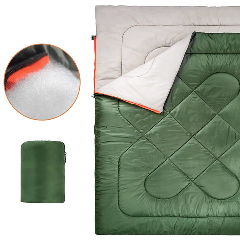 Two Person Queen Size Sleeping Bag for Camping, 40F Cold Weather, Double Bag That Splits Into Two Singles, Olive Green, Polyester