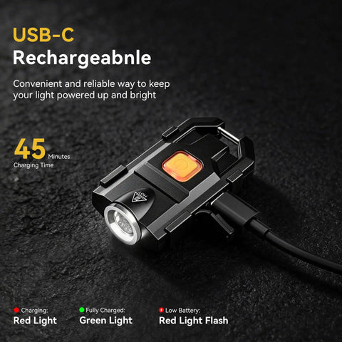 Pocket-Sized Keychain Flashlight 500 Lumens Ultra-Compact EDC Light USB-C charging on black surface