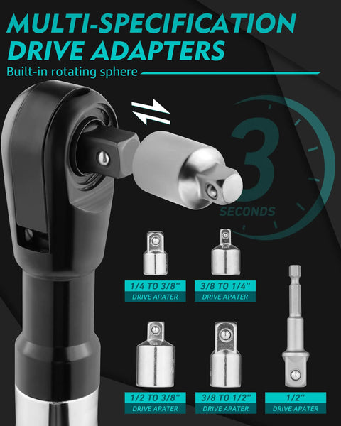 Offset Extension Wrench For Drill One Half Inch Ratchet Extender for Tight Spaces with adapters and rotating sphere.