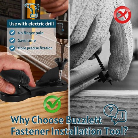 Pro Level Hidden Deck Fastener Installation Tool With Drill Bit And Hex Wrench For Trex Compatible Screws shown in use with electric drill.